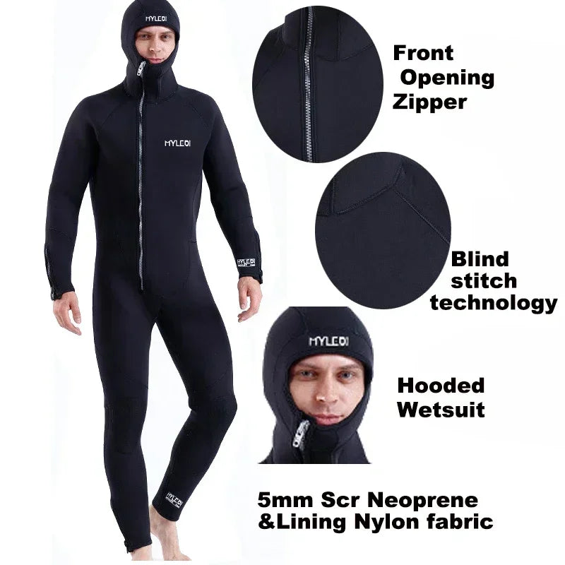 Men 7mm Neoprene Wetsuit One-Piece Hooded Diving Suit with Front Zipper - Blind Stitch Seam
