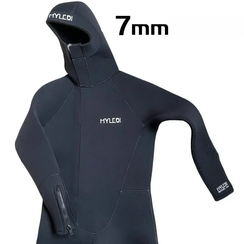 Men 7mm Neoprene Wetsuit One-Piece Hooded Diving Suit with Front Zipper - Blind Stitch Seam
