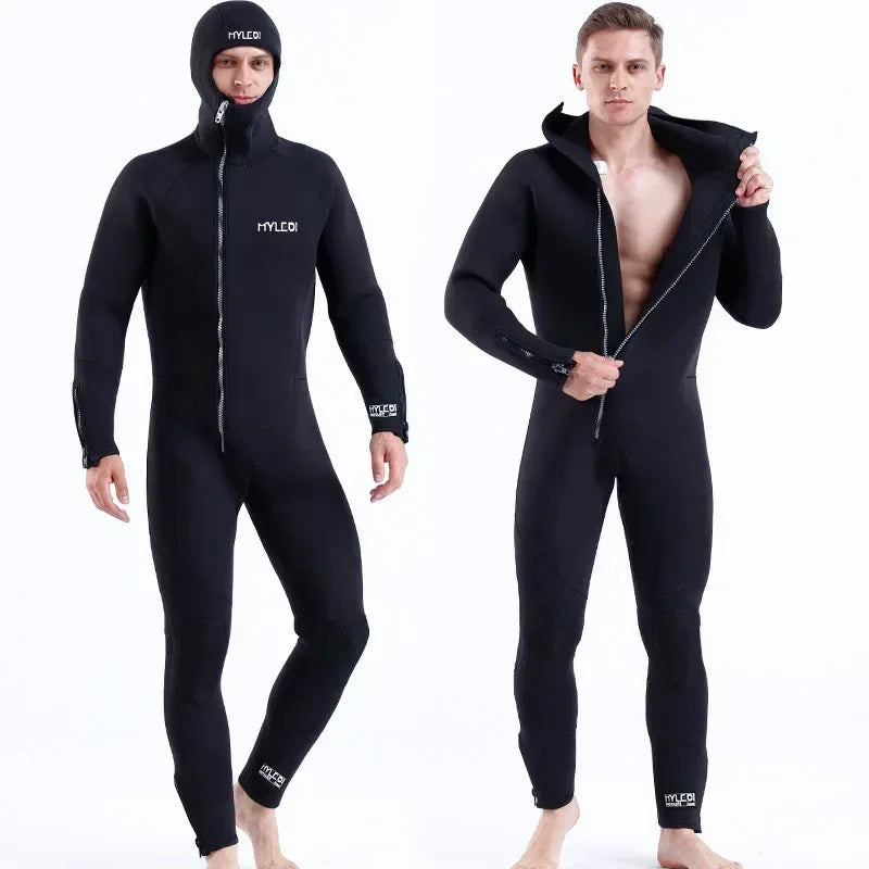 Men 7mm Neoprene Wetsuit One-Piece Hooded Diving Suit with Front Zipper - Blind Stitch Seam