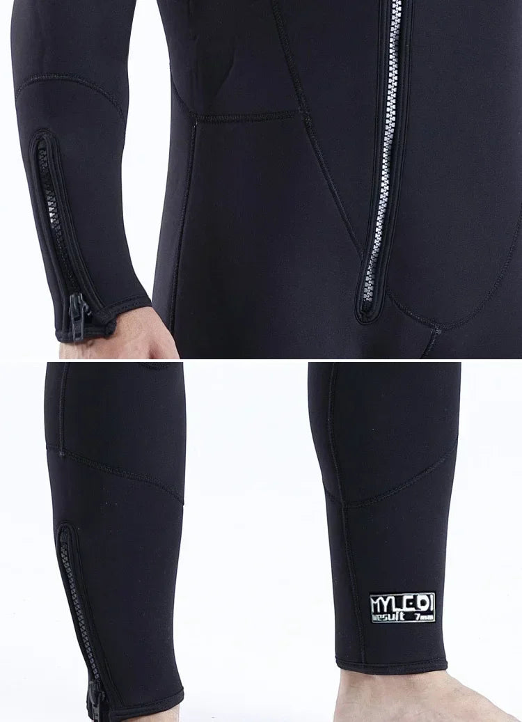 Men 7mm Neoprene Wetsuit One-Piece Hooded Diving Suit with Front Zipper - Blind Stitch Seam