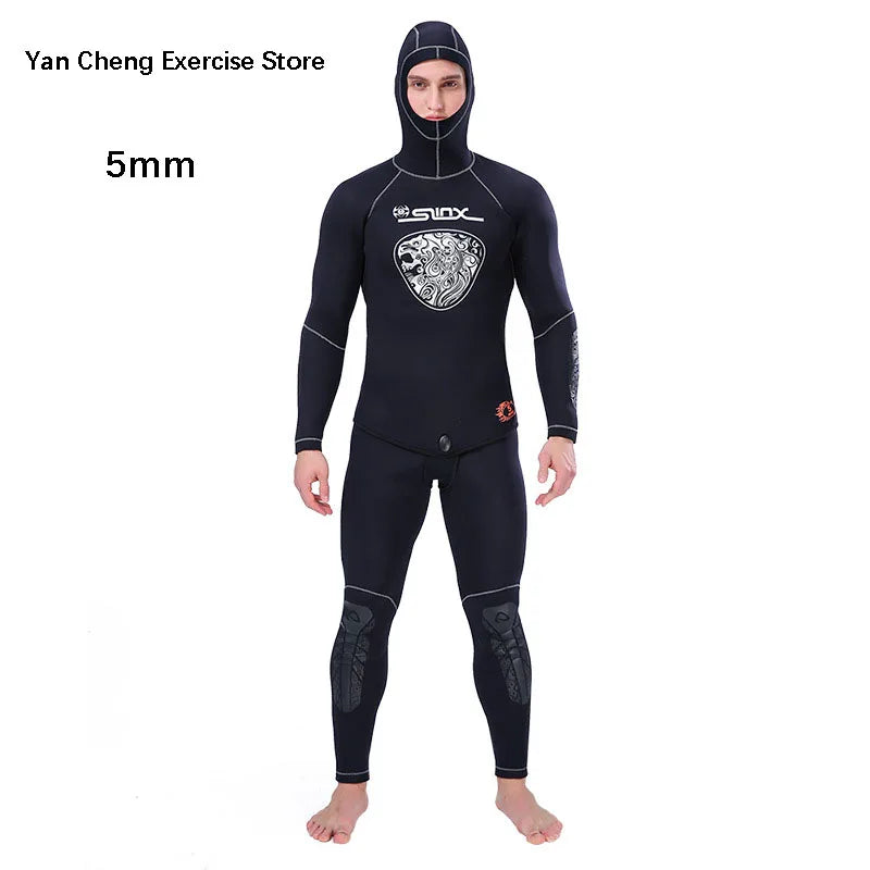 Men's 5mm Neoprene Thickened Spearfishing Wetsuit 2-Piece Set with Hood Winter Warm Diving Surf