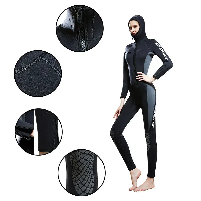 Wetsuit Women 5mm Neoprene diving suit one-Piece Hooded Wetsuits Front Zipper lady Surfing Suit