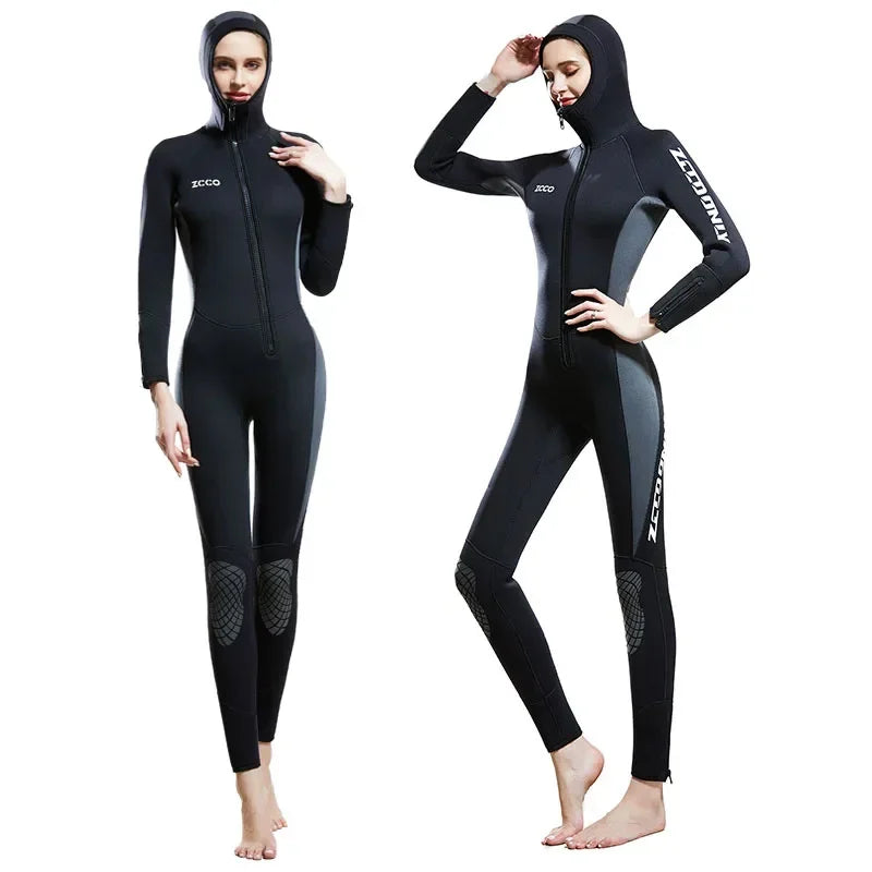 Wetsuit Women 5mm Neoprene diving suit one-Piece Hooded Wetsuits Front Zipper lady Surfing Suit