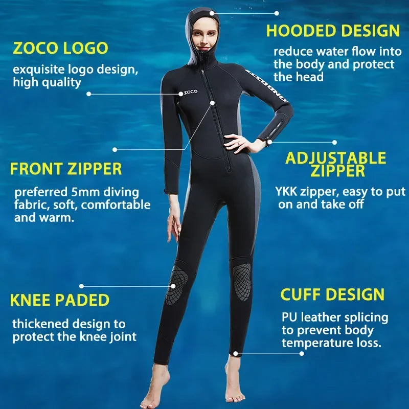 Wetsuit Women 5mm Neoprene diving suit one-Piece Hooded Wetsuits Front Zipper lady Surfing Suit