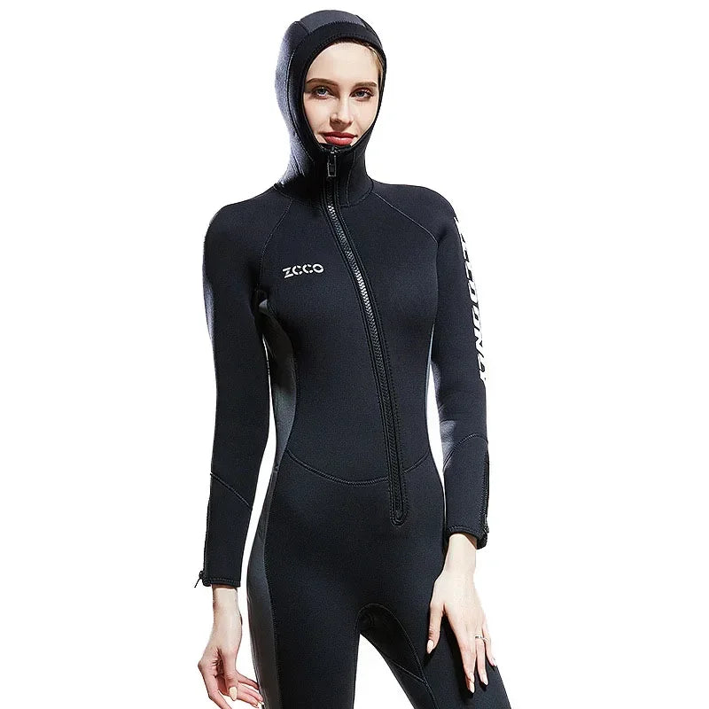 Wetsuit Women 5mm Neoprene diving suit one-Piece Hooded Wetsuits Front Zipper lady Surfing Suit