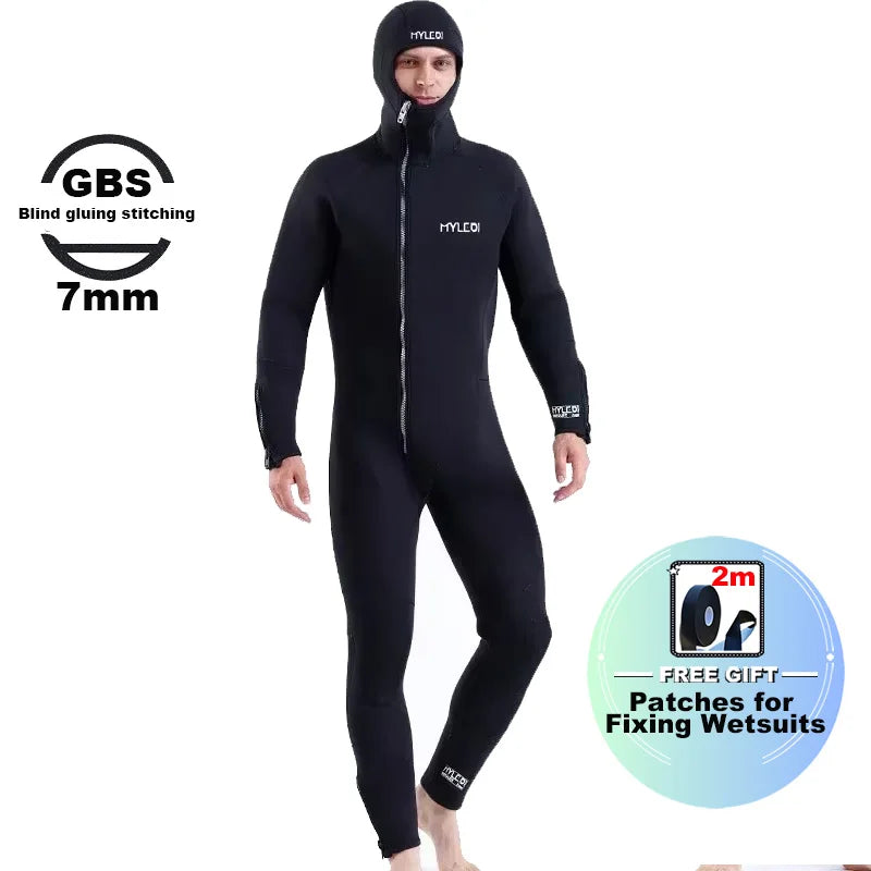Men 7mm Neoprene Wetsuit One-Piece Hooded Diving Suit with Front Zipper - Blind Stitch Seam